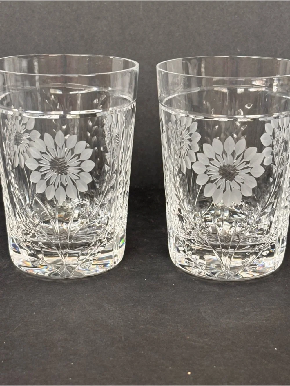 Pair Royal Brierley Etched Crystal Tumblers - Kensington Palace Flower Sunflower